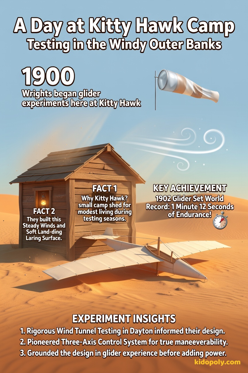 A small, sturdy wooden shed on a sandy dune under a windy sky, with the 1902 Glider visible nearby.