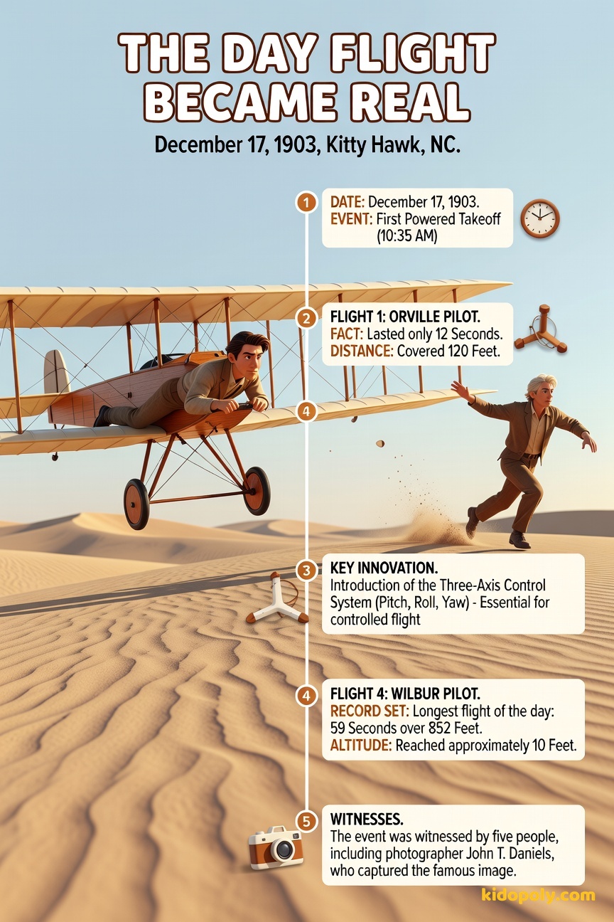 Orville Wright piloting the 1903 Wright Flyer a few feet above the sandy ground at Kitty Hawk, with Wilbur running alongside.