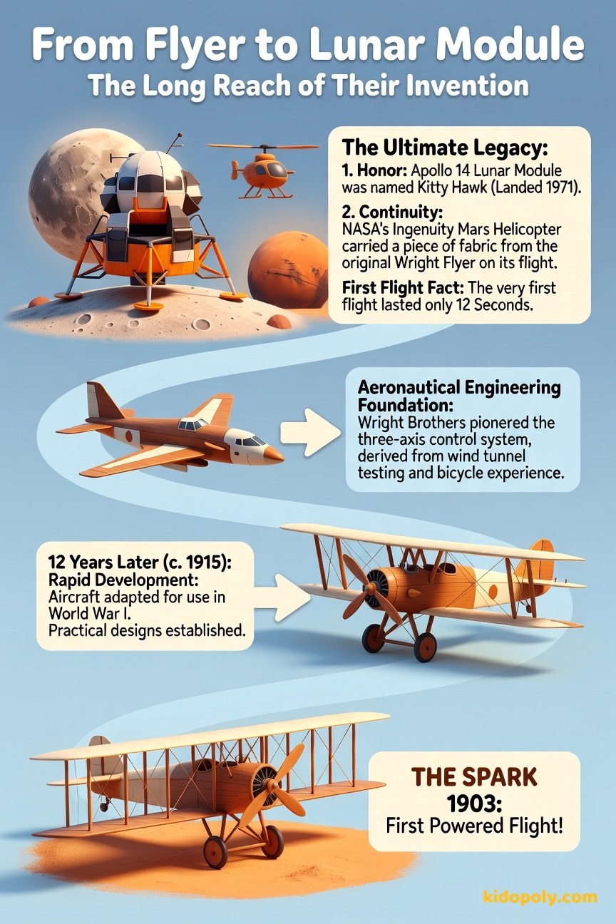 A cause-and-effect diagram showing: 1903 Flyer -> WWI Aircraft -> Modern Airliners -> Apollo 14 Lunar Module 'Kitty Hawk' & Mars Helicopter.