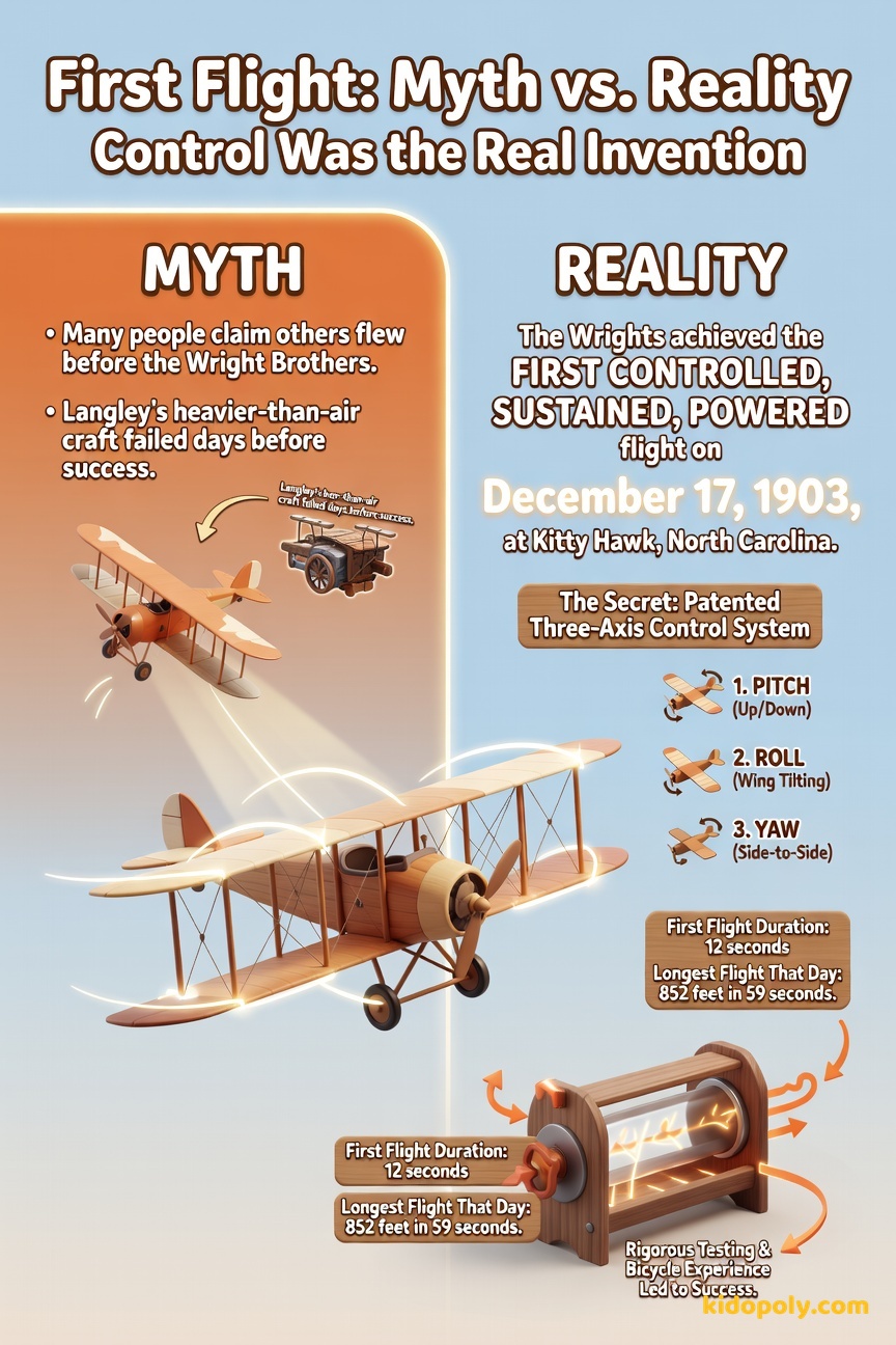 A split screen. On the 'Myth' side, a sputtering, unsupported aircraft falls down. On the 'Reality' side, the Wright Flyer is shown steadily banking using its controls.